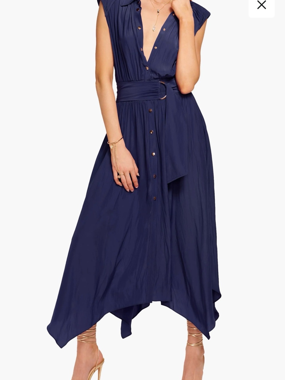 Ramy Brook Navy Asymmetrical Button-Front Belted Midi Dress